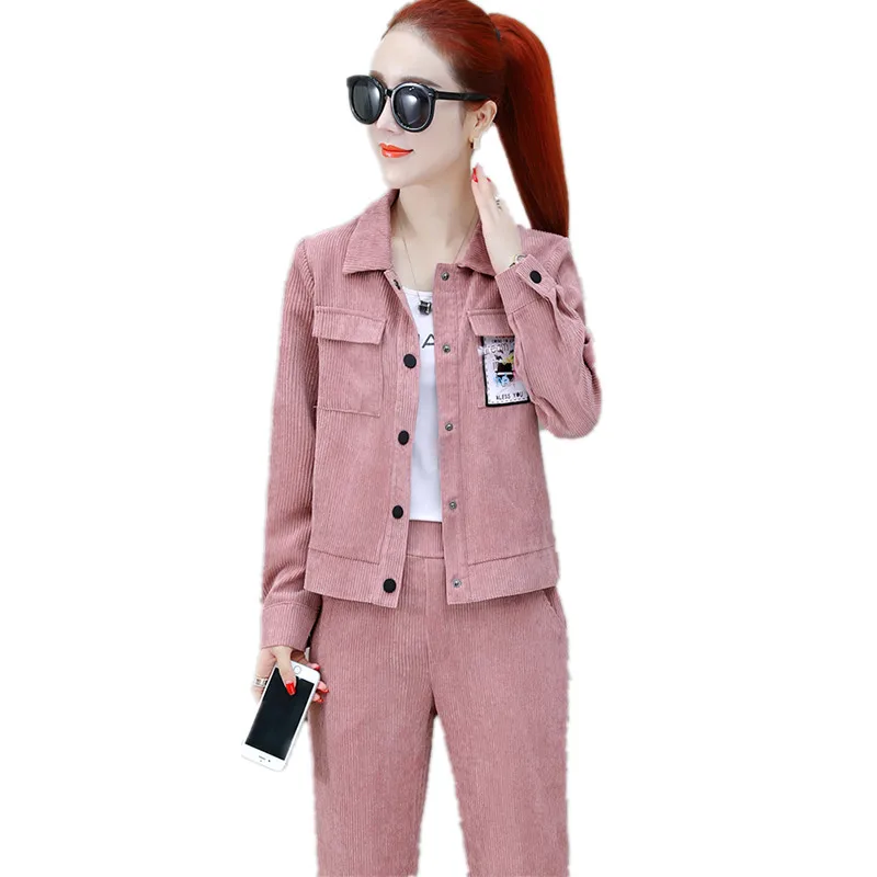 

Top selling product in 2020 Women Sporting suit female Corduroy Leisure 2 piece set NEW High quality Autumn tops + trousers 1575