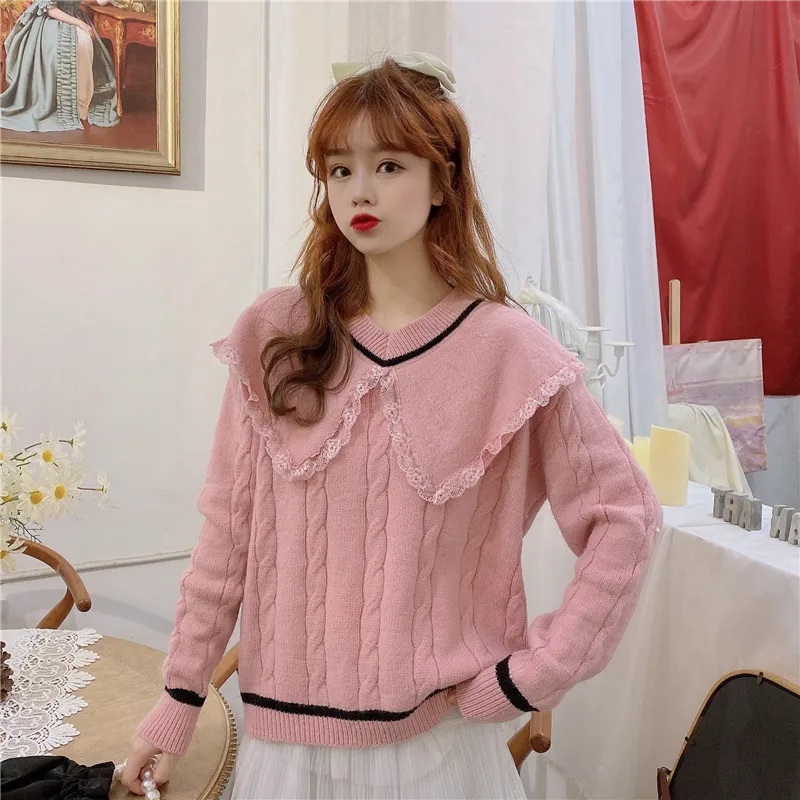 

Sweater Women Sweet Style Loose Knitted Peter Pan Collar Female Korean Clothes Fashion Brand Pullovers Ladies Tops Pink New