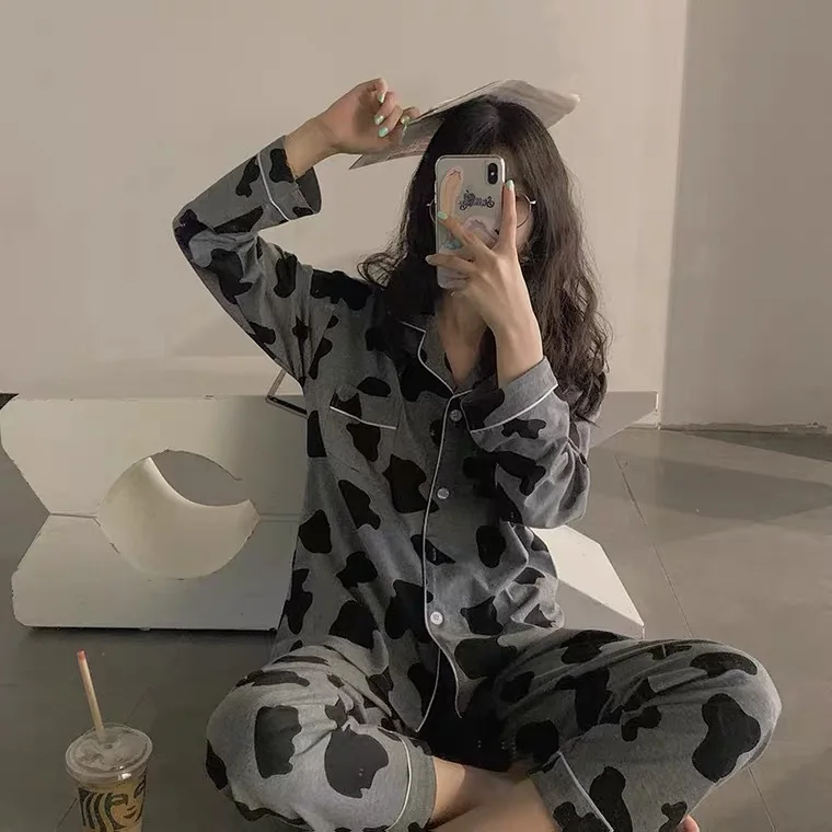 

Pajamas For Women Autumn Winter Korean Fashion Black Cows Print Lapel Sleepwear Japanese Sweet Kawaii Plus Size Girl Home Suit