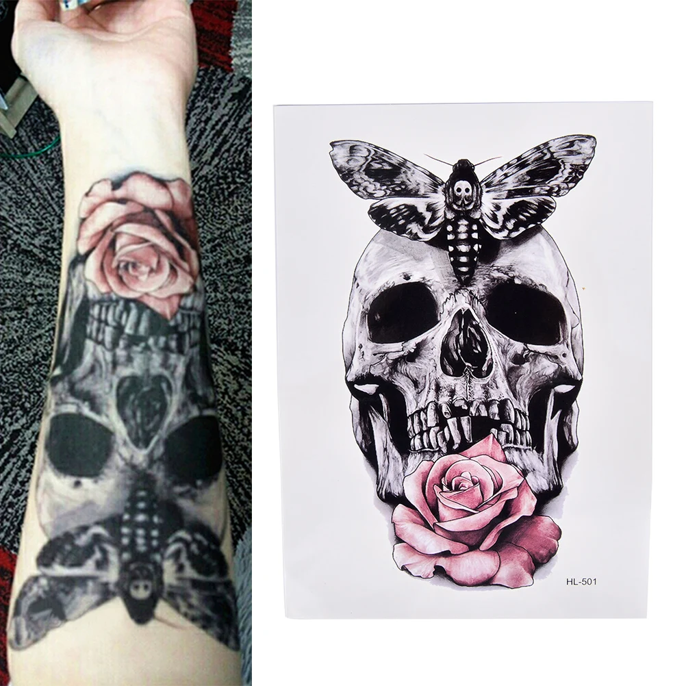 

2019 NEW Skull With Moth And Flower Cool Beauty Tattoo Waterproof Hot Temporary Tattoo Stickers 21 X 15 CM