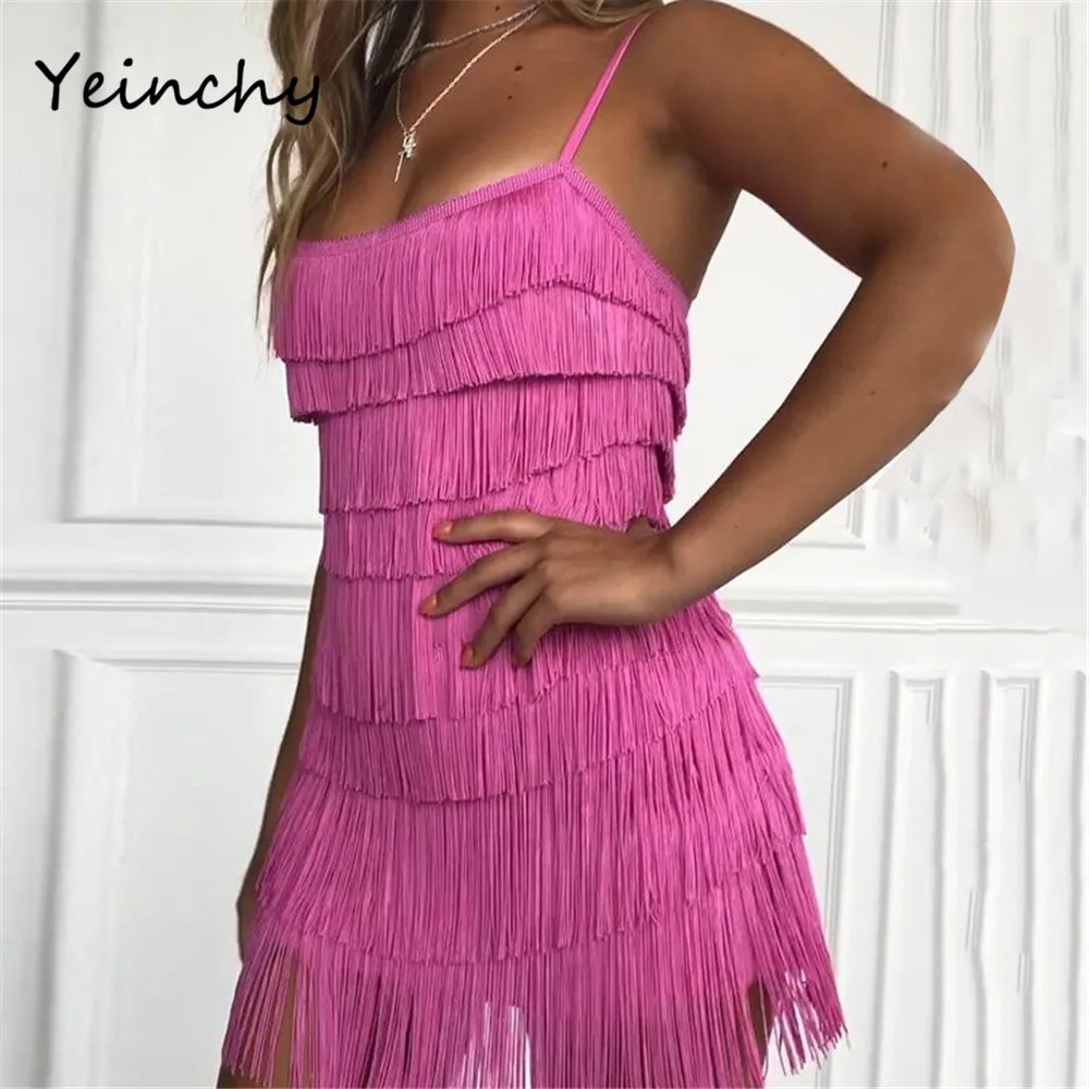 

Yeinchy 2020 sexy Short Fringe square collar neck straps sleeveless tassel bodycon dress FM6001