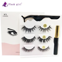 flash gril the most popular pink 3 pairs 5 magnetics eyelashes gift box set with liquid eyeliner and tweezers