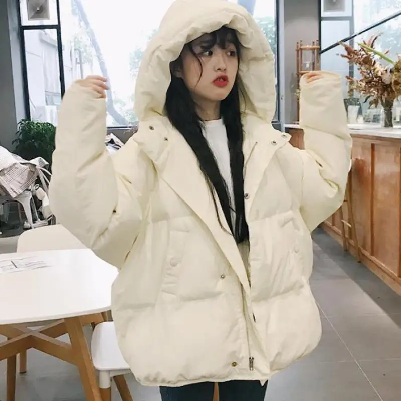 

Winter new Korean loose short cotton padded jacket women's white thickened hooded bread jacket students