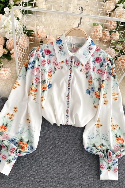 

SuperAen 2021 Spring Court Top New Design Print Lantern Sleeve Loose Shirt Autumn New Blouse Women