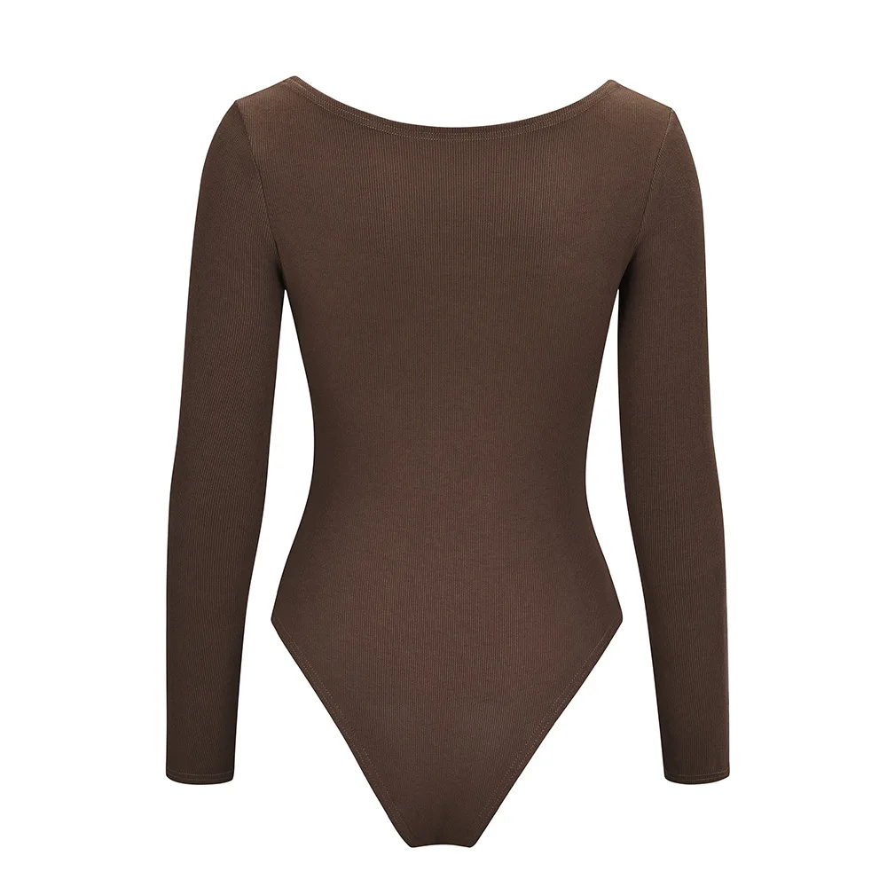 one shoulder bodysuit Shestyle Long Sleeve Bodysuits 2021 Spring Women Sqaure Neck Vintage Sexy Clubwear Tops Slim Body Building Clothes Brown satin bodysuit