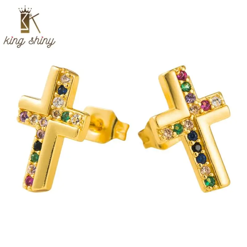 

Korean Temperament Rainbow Color Copper Stud Earrings Cute Cross Colorful Cubic Zirconia Statement Earrings Woman Birthday Gifts