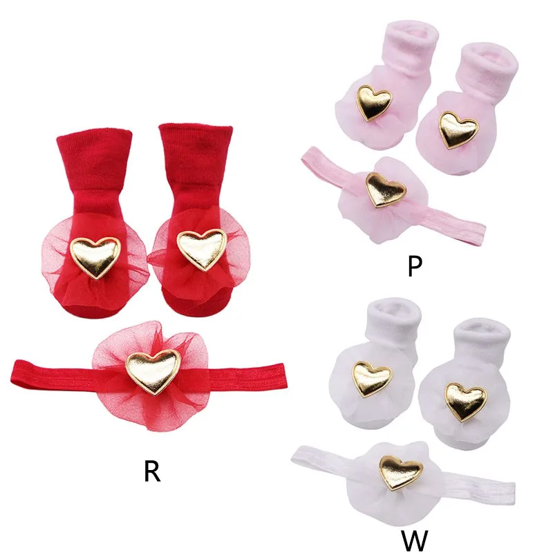 

Newborn Baby Cute Mesh Design Cotton Socks with Heart Shaped Hairband Photography Props Set 2021