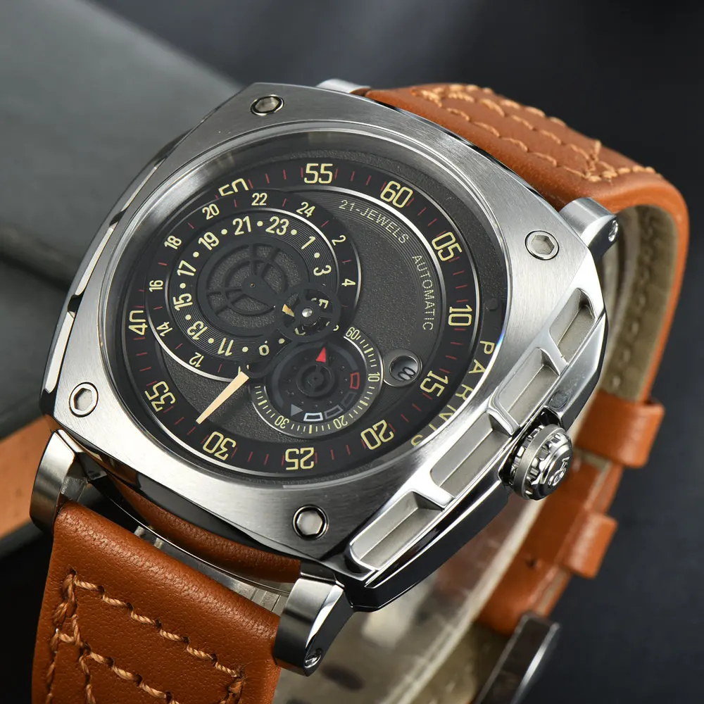 

Parnis 47.5mm Top Mechanical Men Watch Miyota 8219 Automatic Movement Sapphire Glass Leather Strap 2021 new luxury Wristwatch