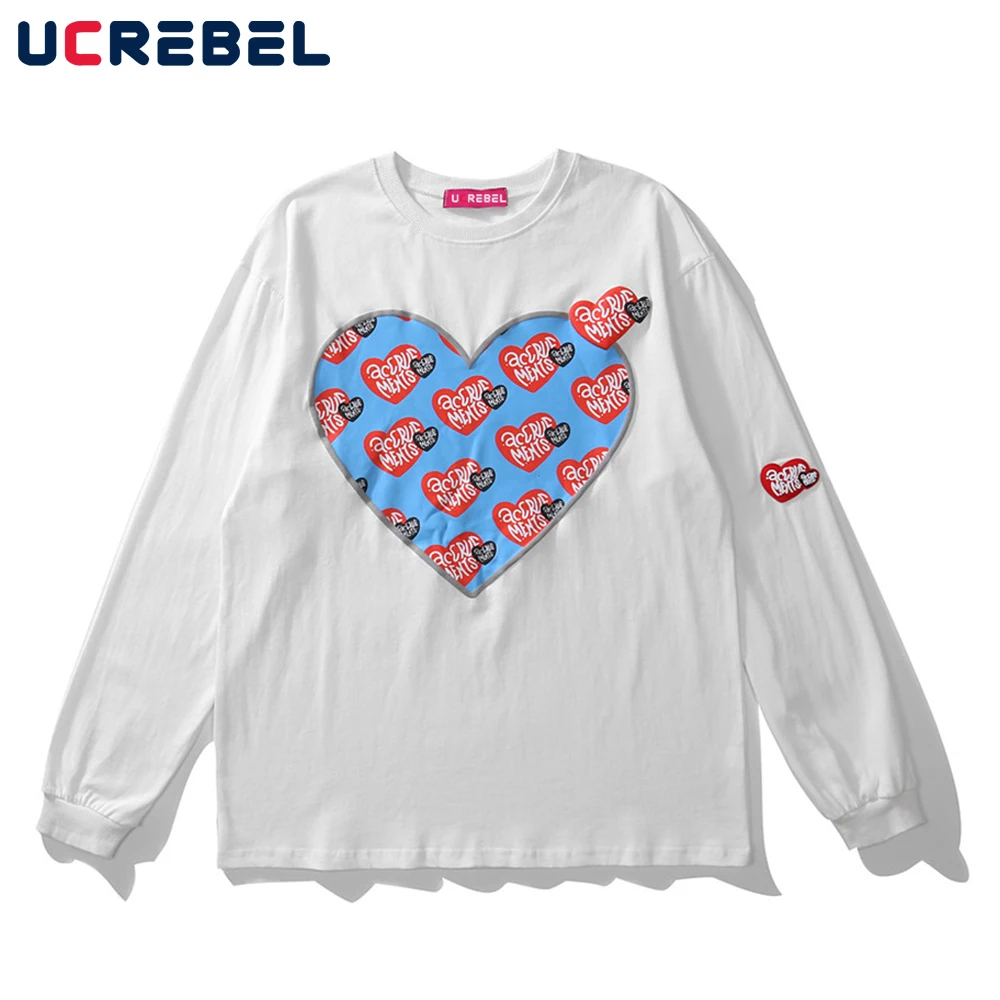 

Heart Print Long Sleeve T-shirt Mens Autumn Crew Neck Cotton Tee Streetwear Simple Casual Loose T-shirt Men