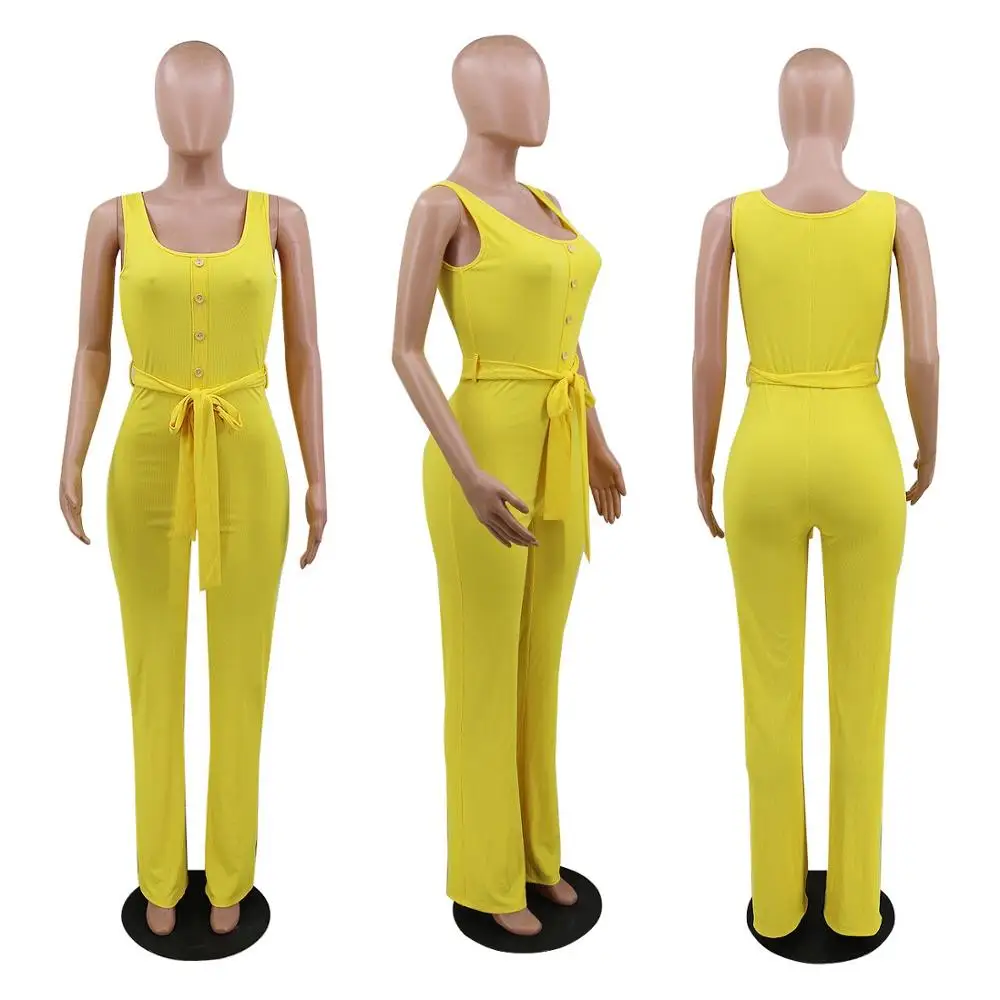 

Women Staghetti Strap Jumpsuits Loose High Waist Yellow Button Plus Size Fashion High Street Big Size Causal Jumpsuits Long 2020