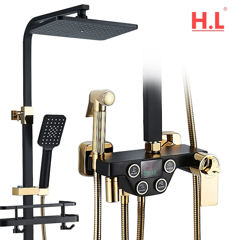 

Черный семейный смеситель для душа, водопроводный кран для ванны с полкой для ванной, подача воды производит электричество