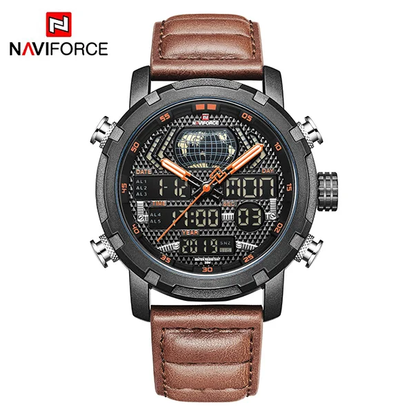 BrownOrangeNoBox NAVIFORCE Топ Бренд роскошные часы мужские цифровые аналоговые спортивные наручные часы военные из натуральной кожи мужские часы Relogio Masculino 9160 - Цвет: BrownOrangeNoBox