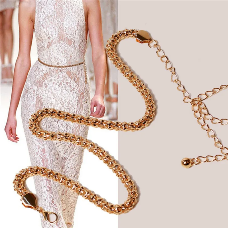 1PC 110CM Gold Mesh Waist Chain Band Metal Chain Charm Belt Fashion Skinny