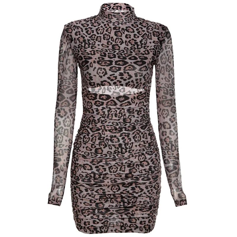 

Mesh Leopard Printed Mini Dress Sexy Hollow Out Skinny Long Sleeve Fashion Bodycon Dresses 2021 Fall Casual Streetwear Vestido