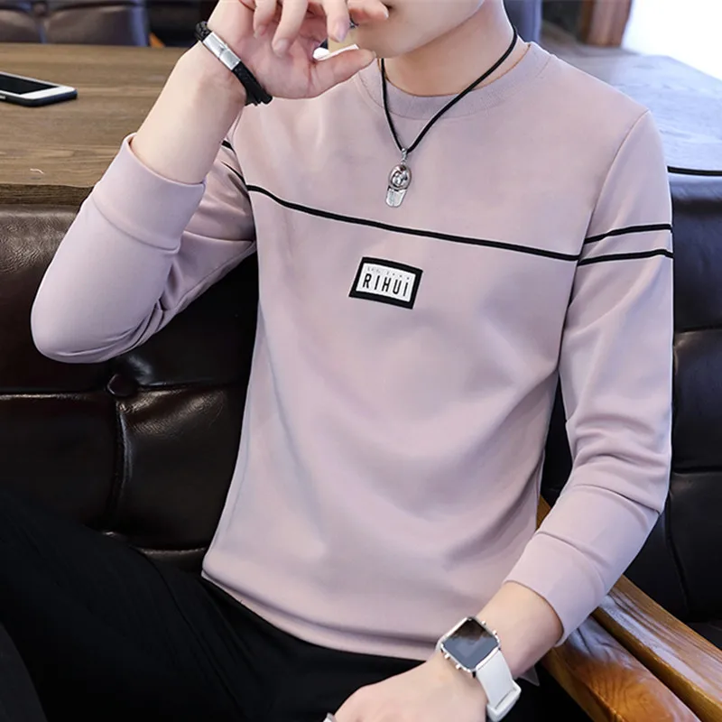 Striped pink Мужская футболка, весна-осень, новинка, длинный рукав, круглый вырез, футболка, Мужская брендовая одежда, модная, пэчворк, хлопок, футболка, Топы, уличная одежда - Цвет: Striped pink