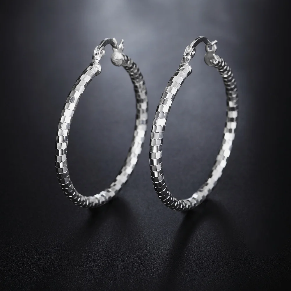 

High quality 925 Stamp Silver hoop Earrings for Women Jewelry Elegant Lattice pattern 4CM Big circle Earrings Gifts