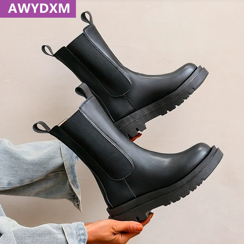 2022 New Winter Designer Warm Ankle Mid Heels Platform Chelsea Boots Goth Snow Fashion Women Shoes Chunky Motorcycle Boots Mujer