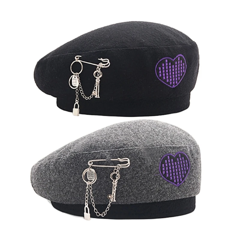 Beret Hats Woolen Made Color Optional Cap with Embroidered Heart Decoration for Girls Students in Japanese Style