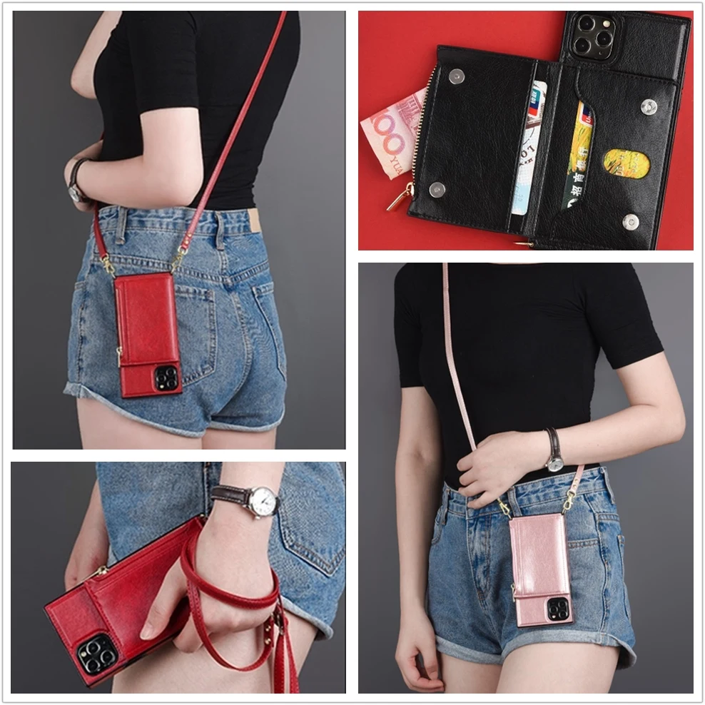 

Карманный квадратный чехол из искусственной кожи на молнии с ремешком через плечо для iPhone 13 12 Mini 11 Pro Max XR X 7 8 Plus SE2020