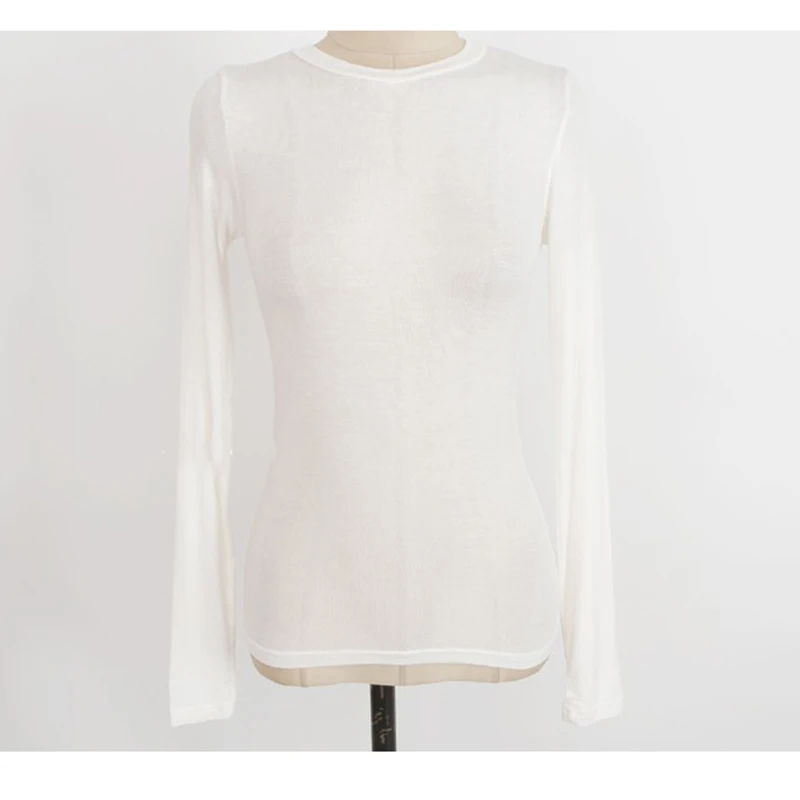 

Summer Fashion Round Neck Tops Long Sleeve Cotton T Shirt Slim T-shirt Women 2021 Basic Korean Tees Sexy Thin T-shirt See Throug