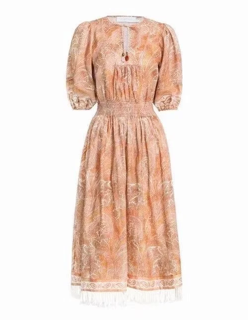 

High Quality Linen Womem Beach Style Half Lantern Sleeve White Tassel Dresses