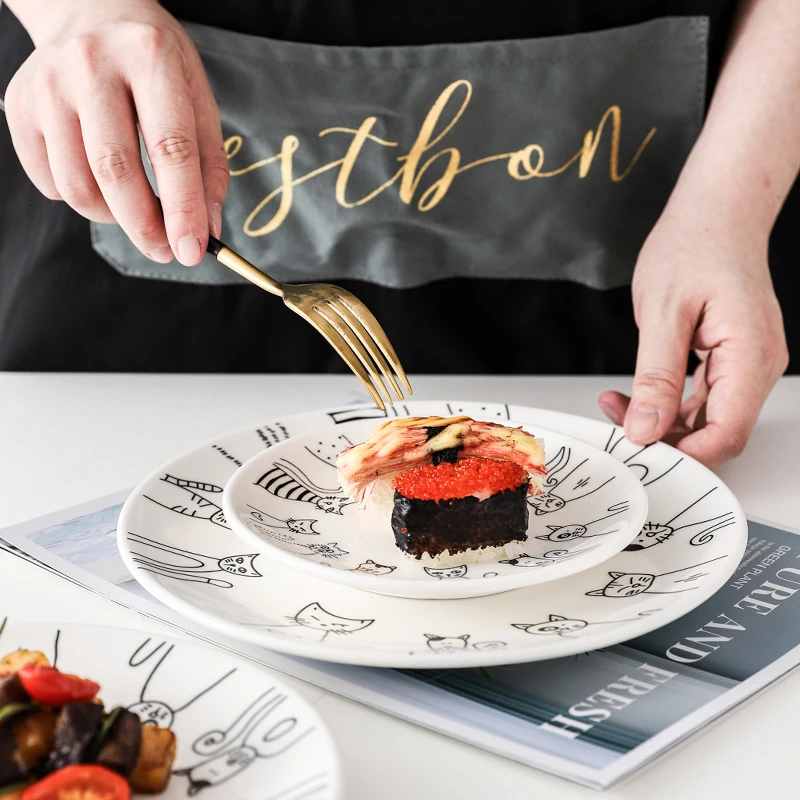 Оригинальная керамическая тарелка с кошачьим узором основная десерт сердечком