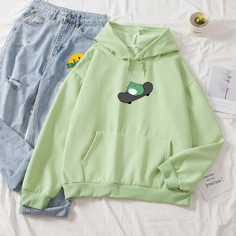 

Cotton Anime Hoodie Pullover Ladies Cartoon Sweatshirt with Frog on Skateboard Y2k Vintage Oversized Women Hoodies Harajuku Coat