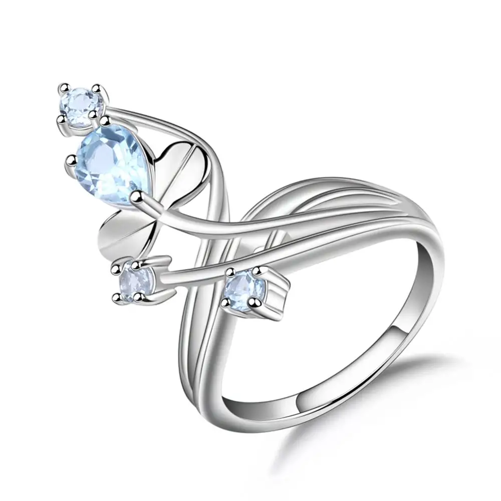Sky Blue Topaz Gem's Ballet, 0.97Ct, натуральный зеленый агат, натуральный камень, кольцо, твердый 925 пробы, Серебряный цветок, кольцо для женщин, свадебное ювелирное изделие - Цвет камня: Sky Blue Topaz