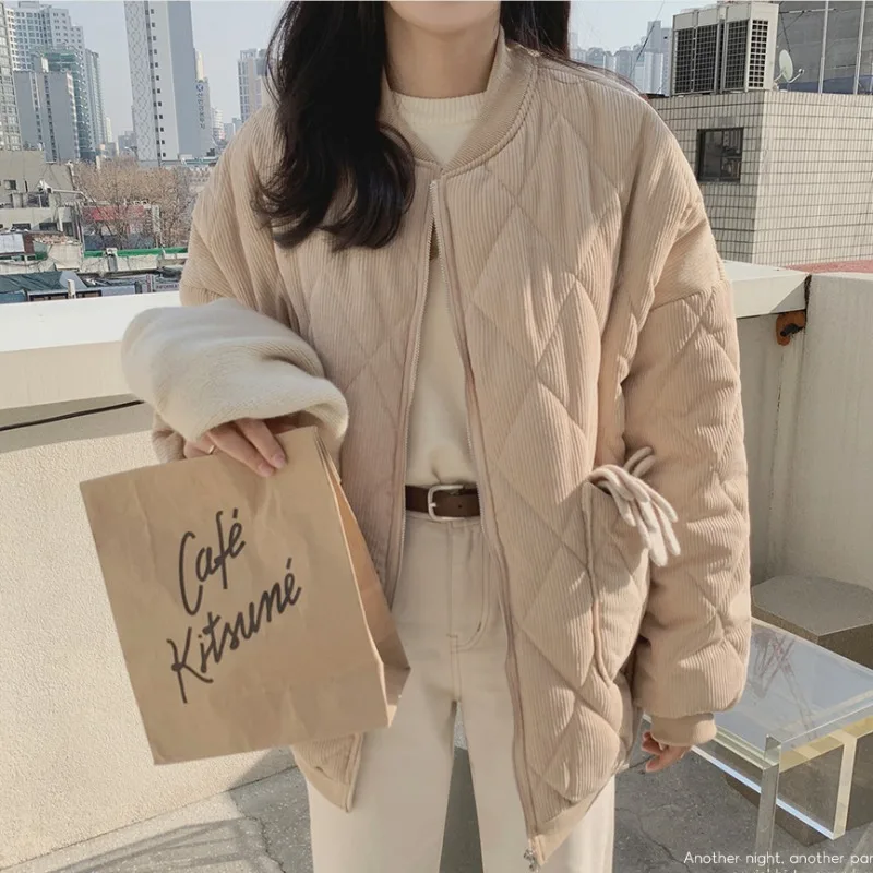 Autumn Winter Korean Style Women Oversize Jackets V-neck Puffer Corduroy Parkas New 2022 Ladies Loose Warm Retro Wild Chic Coat | Женская