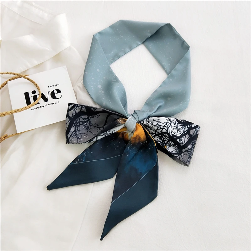 

2021 Forest Starry Sky Print Silk Scarf Women Bag Skinny Scarves Wrist Towel Foulard Headband for Ladies Bandana Neckerchief
