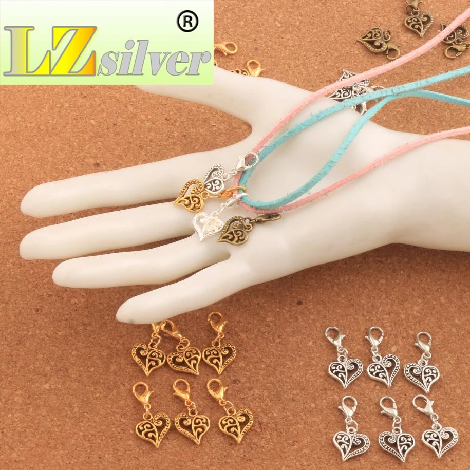 Open Flower Heart Lobster Claw Clasp Charm Beads 12.9x27.5mm 4Colors 100pcs zinc alloy Bronze  Jewelry DIY C919