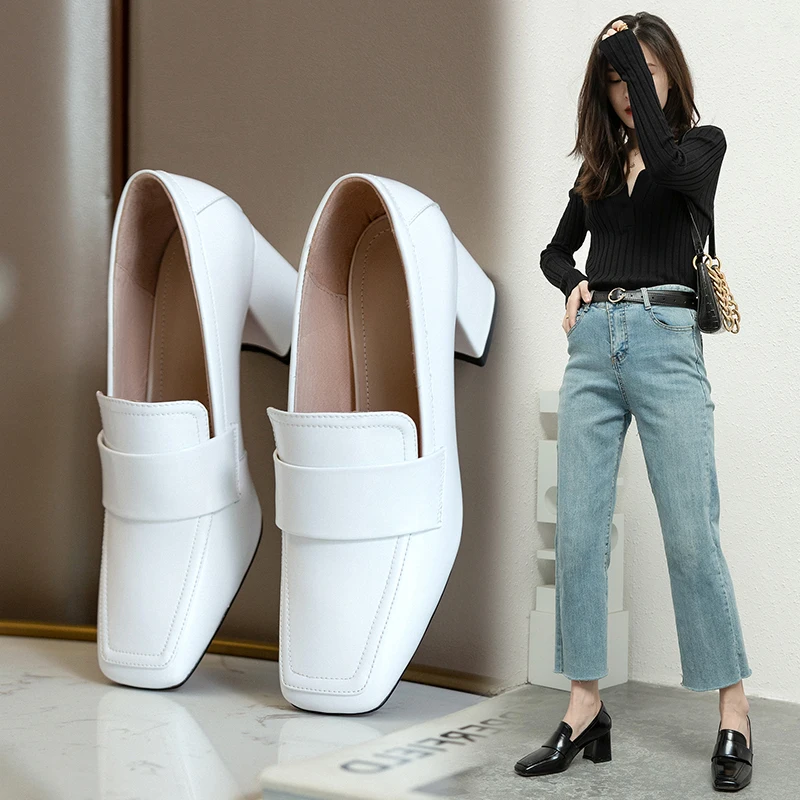 

New Women Shoes Square Toe Slip-On Casual Loafers 2021 Thick Heel Fashion Spring and Autumn Flats Size 34-40 Handmade