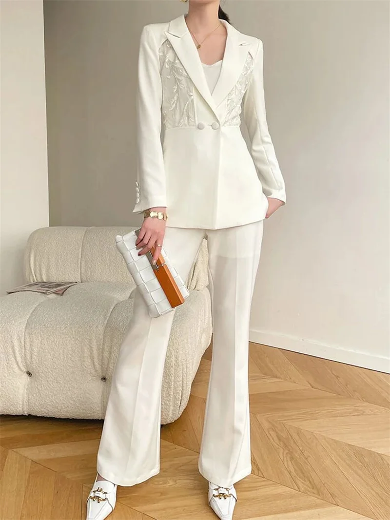 

2 Pieces Suits Evening Dress Blazer&Pants Lace Appliques V Neck Party Dresses Custom Made Long Sleeves Prom Gowns