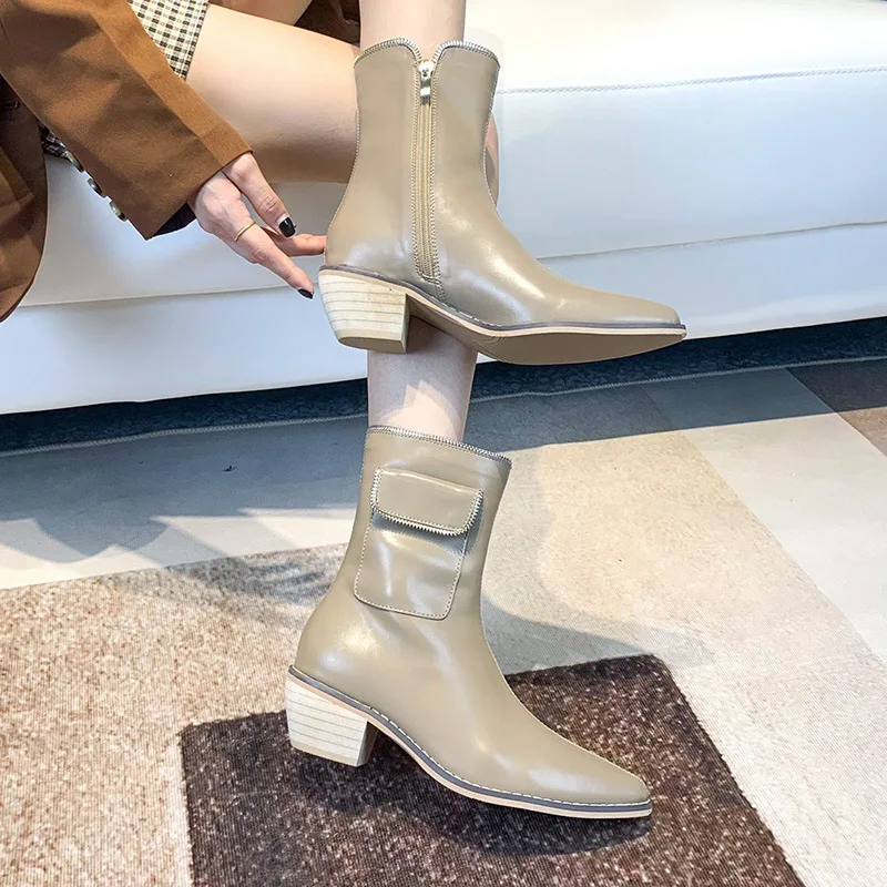 

Женские ботинки на молнии, белые ботильоны с круглым носком, на высоком каблуке, резиновая обувь с острым носком, на осень, 2021