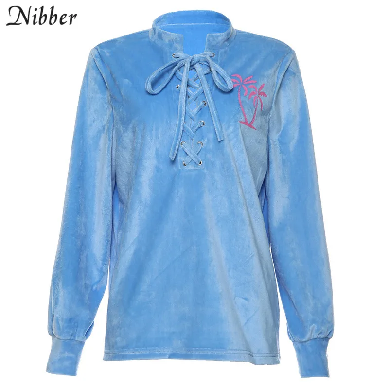 NIBBER осень зима Harajuku принт фланель Свободный Топ для женщин t-shirt2019street повседневное Высокое Качество уличная одежда пуловер тройники - Цвет: Синий