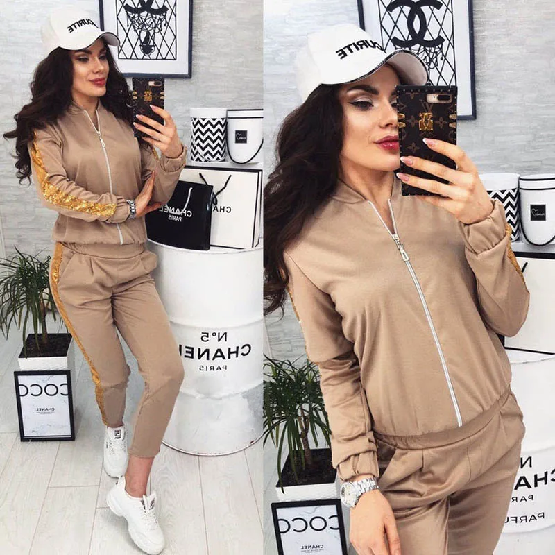 KHAKI Спортивный костюм Для женщин бег Femme; одежда для отдыха; одежда, комплект из двух предметов: топ и брюки спортивные костюмы Moda Повседневное Mujer осенние Conjunto, Roupas - Цвет: KHAKI