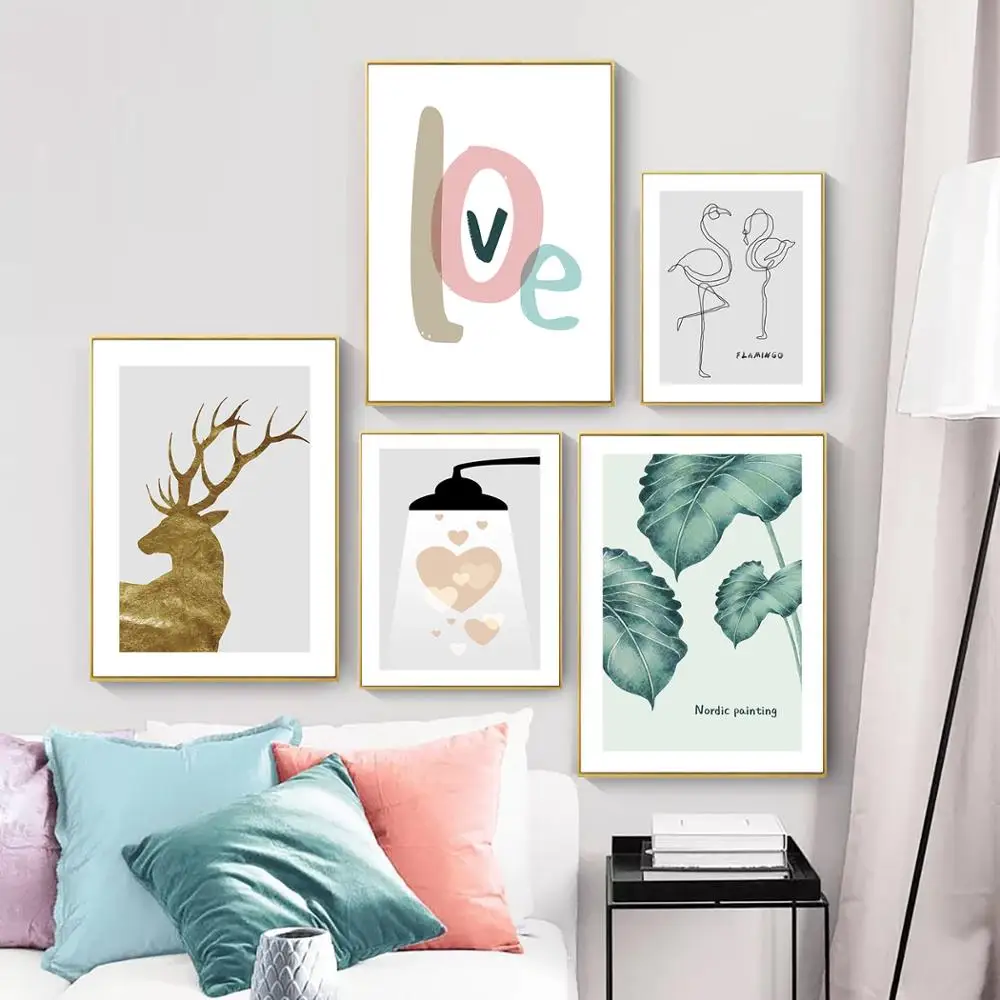 

Abstract Love Plant Line Flamingo Canvas Painting Art Nordic Posters and Prints Wall Pictures for Living Room Decor Frameless