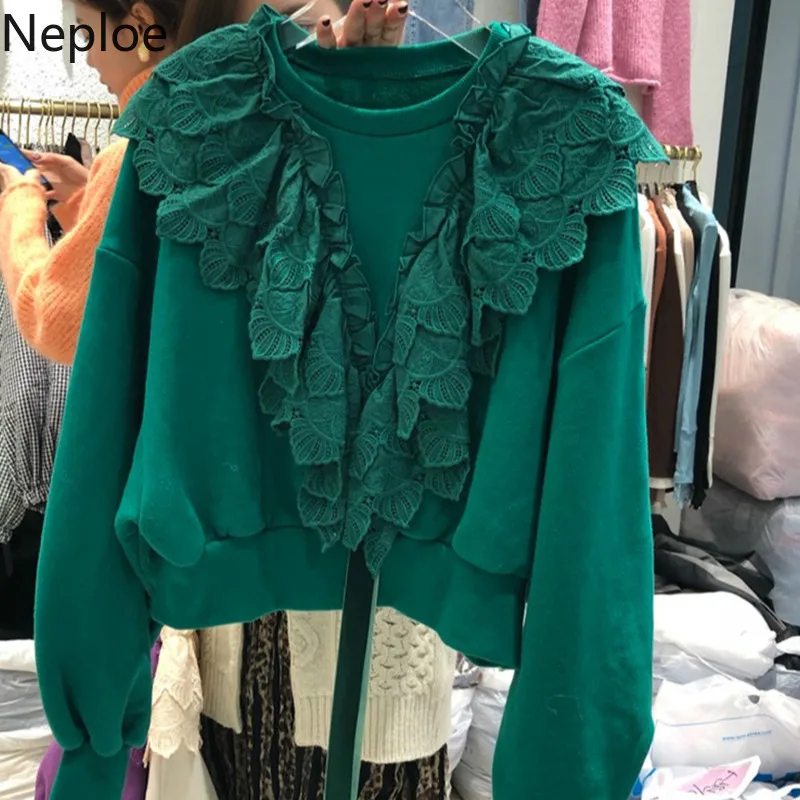 Neploe, с круглым вырезом, с длинным рукавом, короткие толстовки, элегантные, с оборками, с кружевом, зеленый свитер, осень весна, Новые пуловеры, Свободный Повседневный Топ