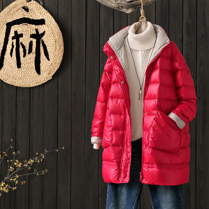 

2021 Winter New Korean Loose Casual Long Down Jackets Stand Collar Thicken White Duck Down Coats Warm Women Down Parkas LJ3327