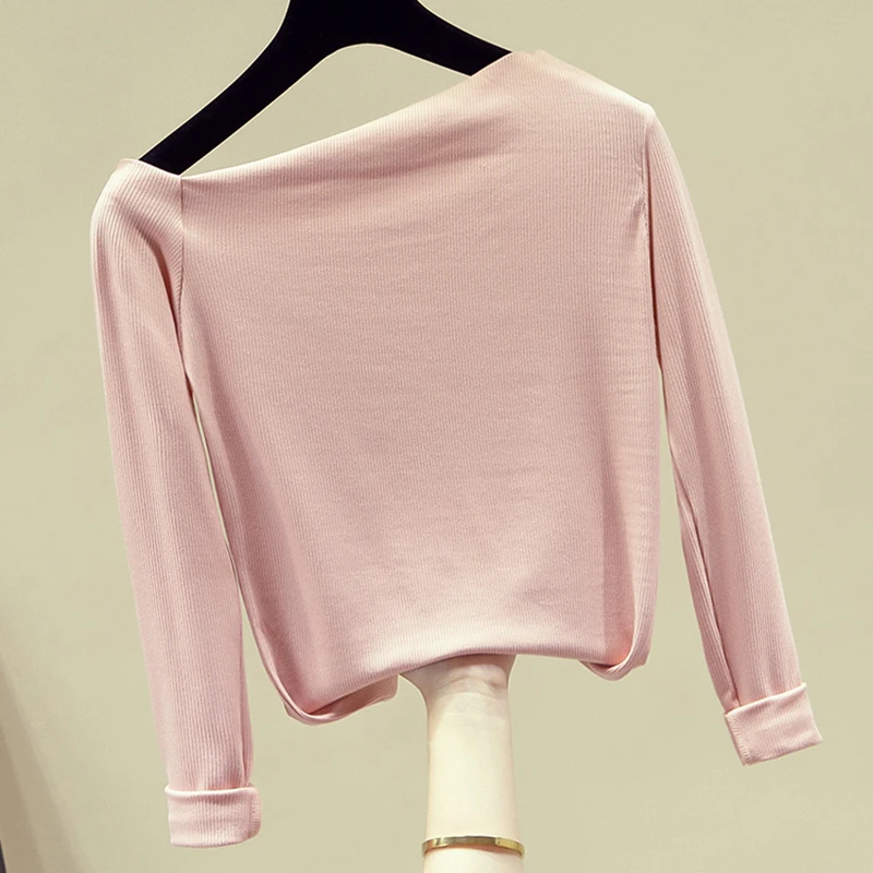 Осенняя мода 2020 Сексуальная футболка с вырезом лодочкой женская длинным рукавом