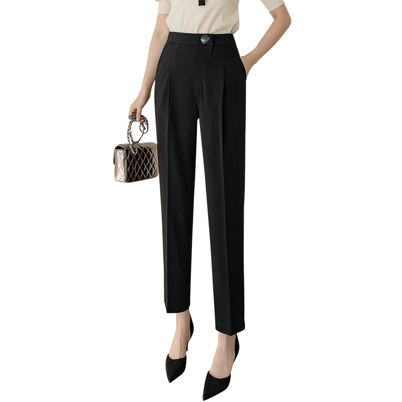 

Korean Style Women Summer Casual Office Lady Solid High Waist Harem Pants Female Button Fashion Straight Ankle-length Pants