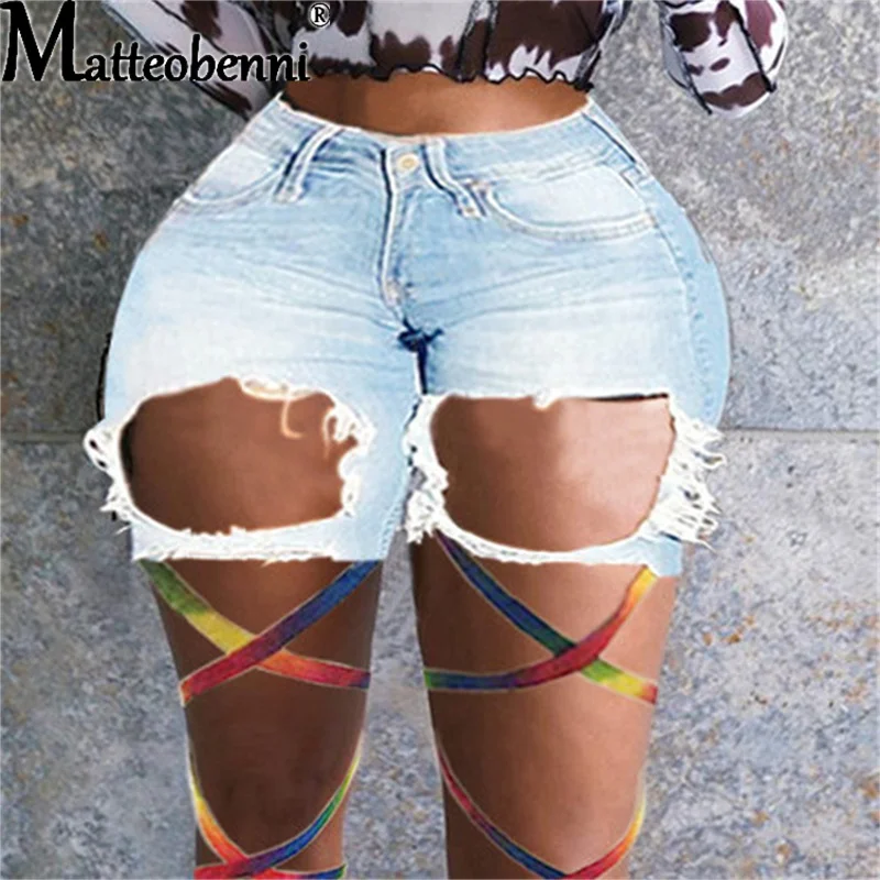 Шорты женские рваные из денима с бахромой пикантные цветные повседневные