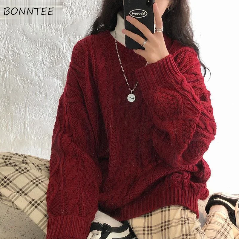 

Pullovers Women Thicken Red Solid Korean Style Baggy High Street Hip Hop Leisure Outerwear Vintage Cute Ladies Tops Winter Warm