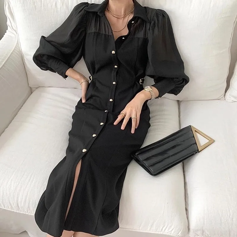 

New 2021 Spring Small Fragrance Knitting Women Eleagnt Single-breasted Office Lady Long Sleeve Sweater Dress