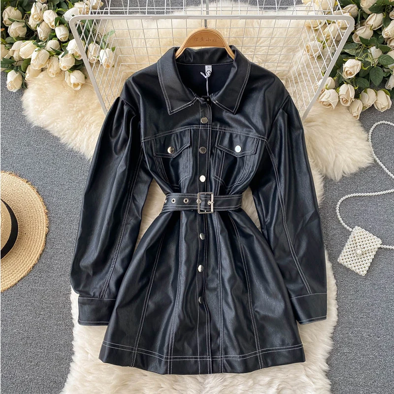Fitaylor New Spring Autumn Faux Leather Jacket Women Fashion Single Breasted Long Sleeve Pu Dress with Belt Black Coat | Женская одежда