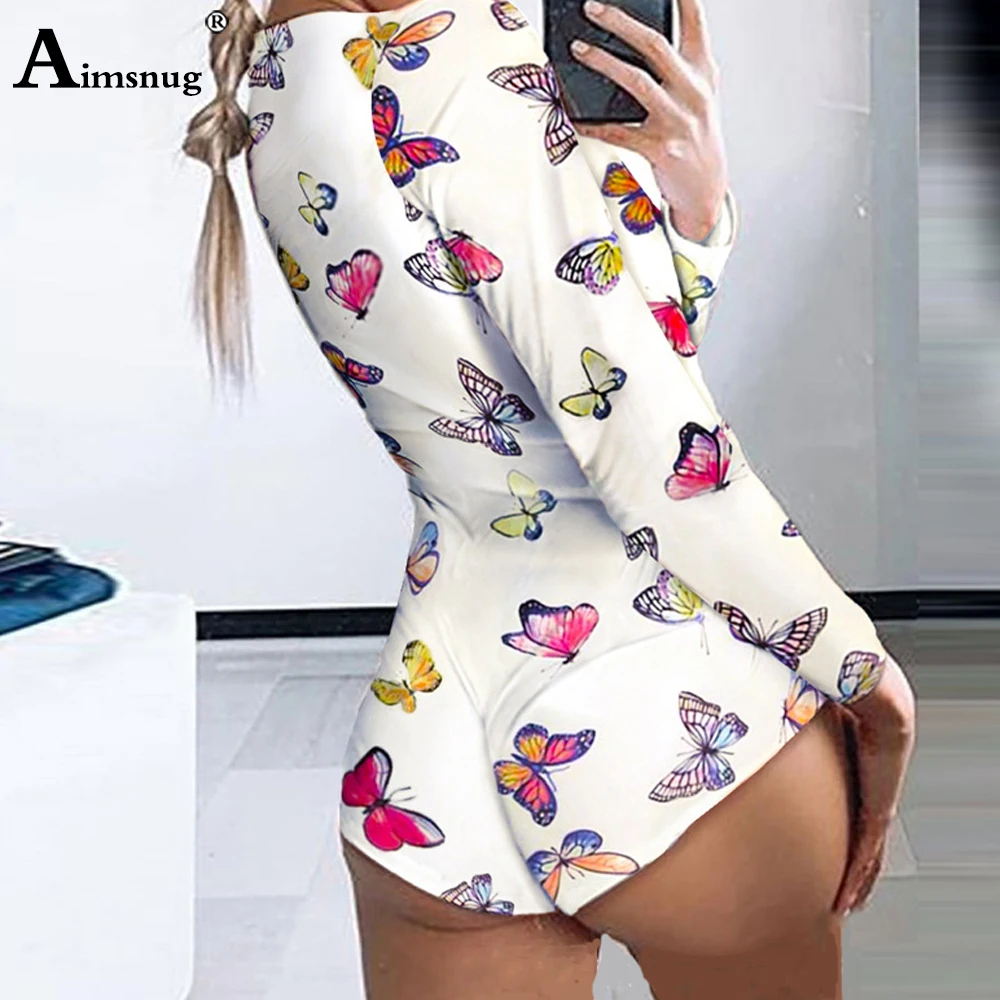 

2020 короткие комбинезоны Aimsnug, женская одежда для сна с длинным рукавом, сексуальный комбинезон с принтом бабочки и V-образным вырезом, Пижама...