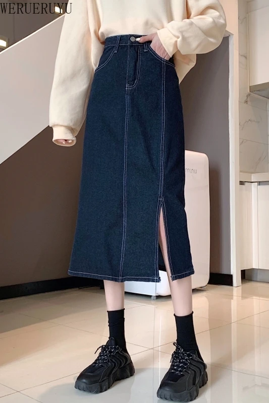 

WERUERUYU Women Ladies Long Denim Jean Skirts High Waist Umbrella Wrapover Casual Calf-Length Slits Casual Plus Size Skirt Jean
