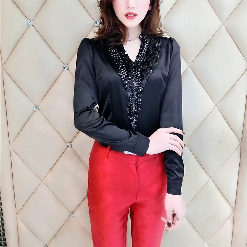 2020 Summer Woman Blouse Fashion Korean OL V Neck Woman Shirt Bling Sequins Womens Blouse Slim Fit Long Sleeve Feminine Blouse