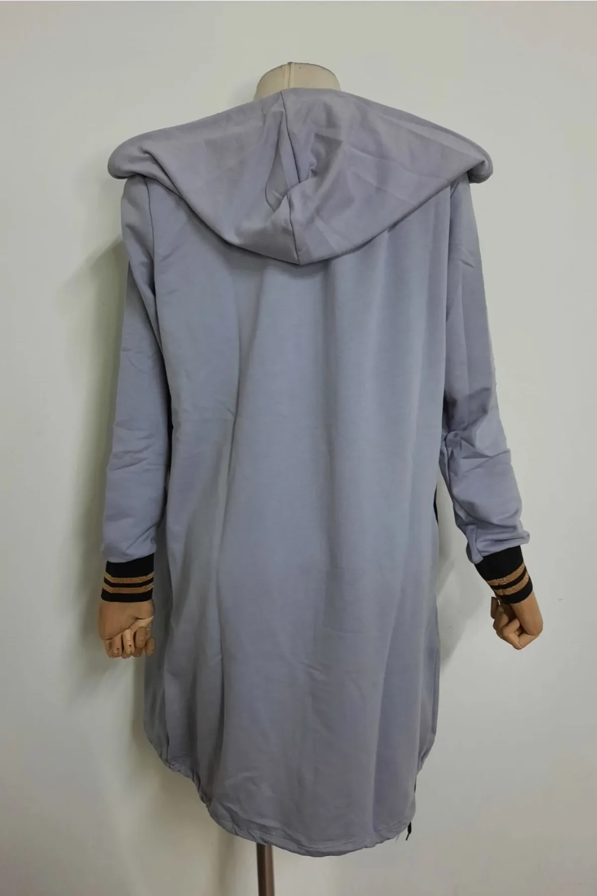 

Hooded Gold Ribbon Detail Zipper Two-Thread Long Cardigan-Gray