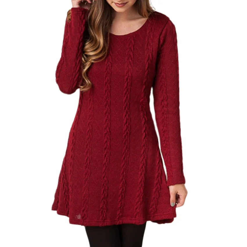 

Chic Brown Winter Knitted Ladies Dresses Stretch A Line Vintage Christmas Dress Warm Long Sleeve Sweater Dress for Women